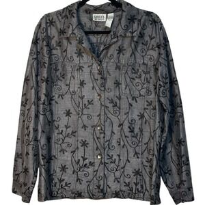Chico's Design Silk Embroidered Floral Button Up Long Sleeve Jacket Black Gray 1